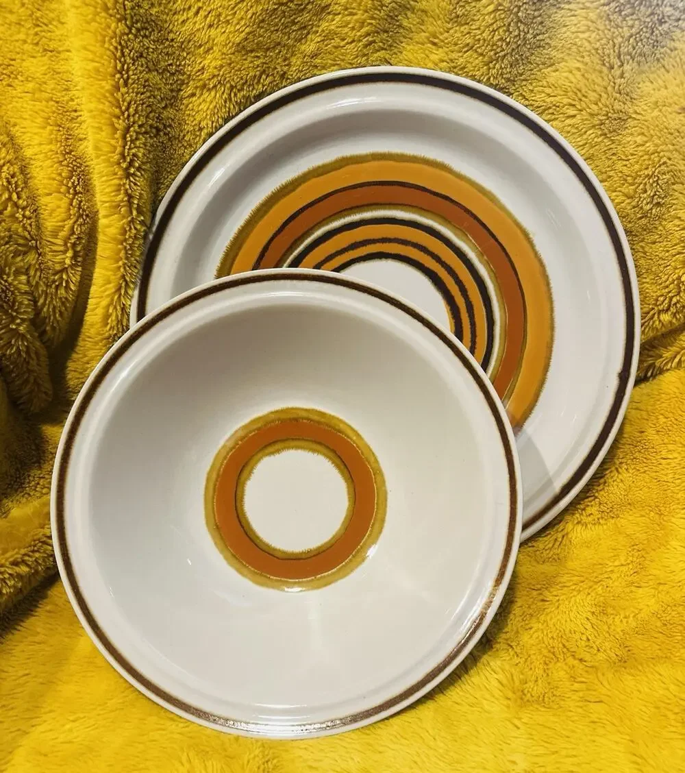 Acsons Corona Japan 1141 Stoneware Brown Orange Bands Chop Plate & Serving Bowl